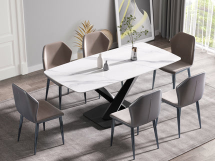 70.87" Modern Artificial Stone White Curved Black Metal Leg Dining Table, Can Accommodate 6-8 People - White / Black