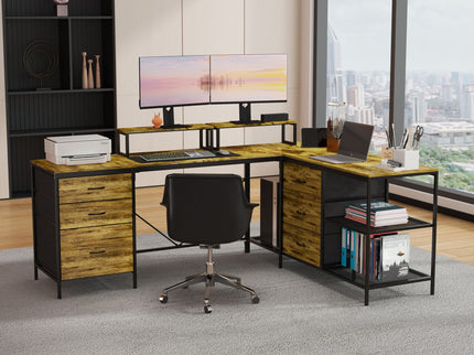 Industrial L Shaped Computer Desk With Power Outlets & USB-C, 6 Fabric Drawers, 3 Open Shelves, Movable Monitor Stands - Brown