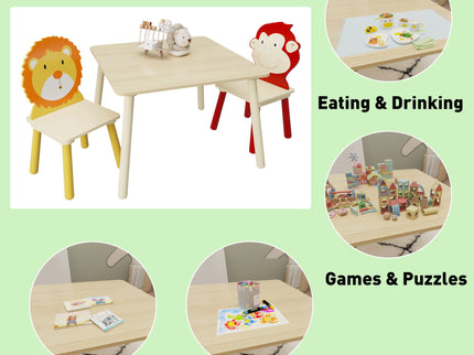 Kids Table And 2 Chairs Set, 3 Pieces Toddler Table And Chair Set, Wooden Activity Play Table Set (Lion&Monkey) - Natural