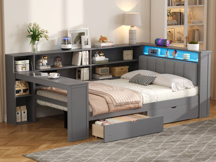 Platform Bed With Upholstered Headboard, Storage Shelves, Drawers, Charging Station, LED Lighting, Built In Desk