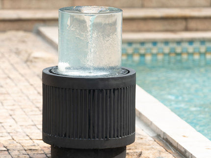 Heavy Cement Round Ribbed Outdoor Water Fountain With Light - Black White