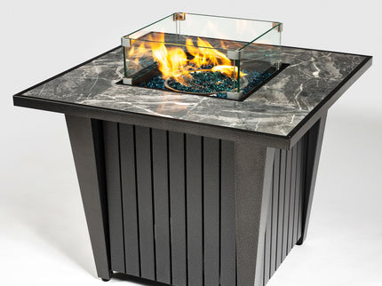 Morden Steel Fire Pit Table With Marble Tile Tabletop, Glass Wind Guard And Lid