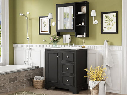 Bathroom Vanity With Sink, Modern Elegant Bathroom Storage Cabinet With 3 Drawers And Adjustable Shelves, Freestanding Vanity Set With Mirror Cabinet, Single Sink Bathroom Vanity