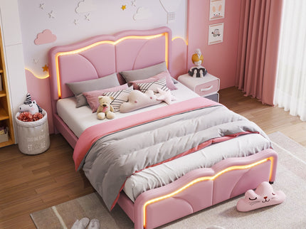 Upholstered Platform Bed & Curve Shaped And Height Adjustable Headboard, LED Light Strips