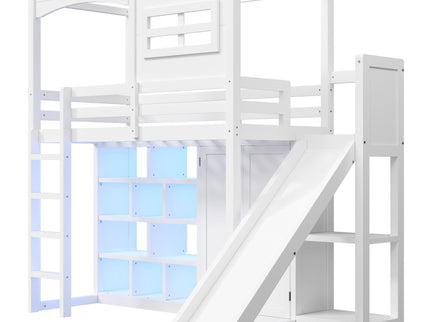 Twin Size Loft Bed With Wardrobe, Storage Shelves, Slide And LED - White