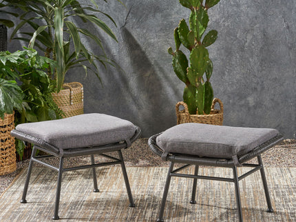 Outdoor Modern Boho Wicker Ottoman With Cushions (Set of 2)