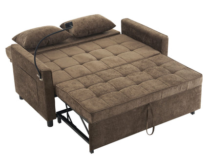 Pull-Out Sleeper Sofa With Reversible Backrest Cushion, Side Pockets, 2 USB Ports And A Phone Holder For Living Room