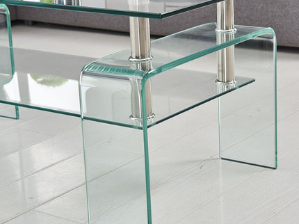 Modern Tempered Glass Coffee Table With 2 Tier Storage For Living Room