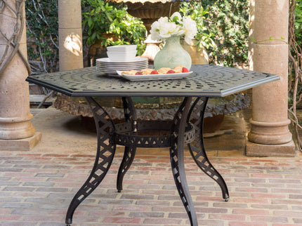 Outdoor Cast Aluminum Dining Table With Lattice Top And Umbrella Hole - Black