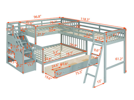 Solid L Shaped Bunk Bed With 3 Drawers, Ladder And Staircase