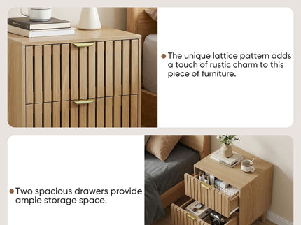 Bedside Table With Grille Design And 2 Drawers, Side Table For Bedroom - Oak