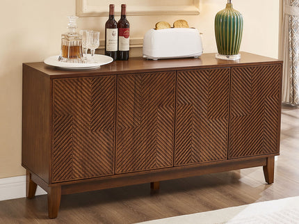 TV Stand With Carved Geometric Doors Storage Cabinet, 4 Door Media Console For Living Room - Walnut