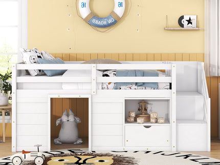 Low Loft Bed With Stair, Drawer, And Shelf