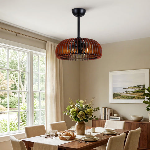 Pumpkin Ceiling Fan, Fandelier With 6 E12 Sockets, Reversible DC Motor, Adjustable Hanging, 6 Speeds Remote Control - Black