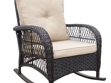 3 Pieces Conversation Set, Outdoor Wicker Rocker Patio Bistro Set, Rocking Chair With Glass Top Side Table - Brown / Beige