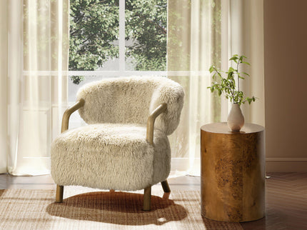 Becker - Rustic Oak Sheepskin Upholstered Accent Arm Chair - Taupe Beige