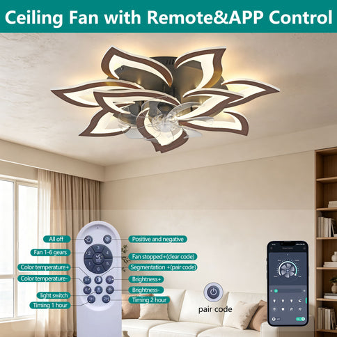32" Flower Ceiling Fan With LED Dimmable Light, Low Profile Flush Mount Fan With Remote Control, 6 Speeds