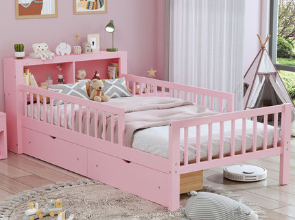 Bed With Headboard Storage Rack, 2 Under Bed Drawers, 3 Side Guardrails For Safety
