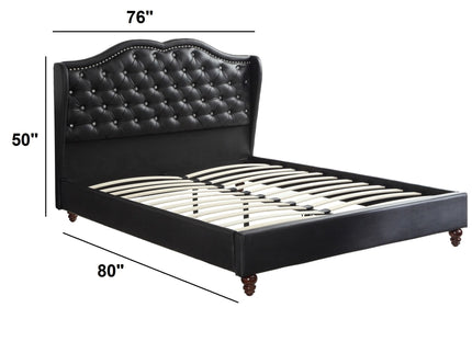 Eastern King Size Bed Set With Curved Wingback Headboard, Button Tufted Upholstered, Frame With Slats - Black