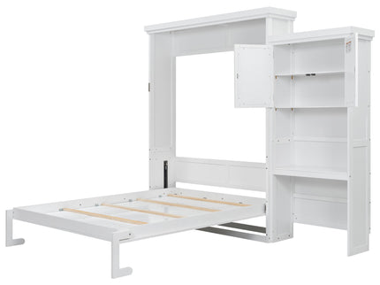 Queen Size Murphy Bed With Louvered Design And Multiple Storage Shelves - White