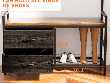 Hall Tree With 2 Movable Drawers, Shoe Storage, Shelves, Garment Racks, And 23 Hooks For Entryway - Rustic Brown