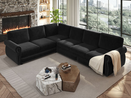 L-Shaped Sofa Couch With Pull Out Bed With Nailhead Trim & Rolled Arm
