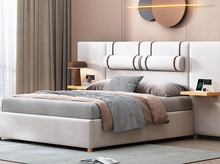 Upholstered Platform Bed, 2 Outlets And USB Charging Ports On Both Sides, 2 Bedside Pillows, Storage Shelves