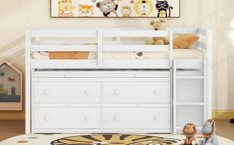 Loft Bed With Retractable Writing Desk And 4 Drawers, With Lateral Portable Desk And Shelves