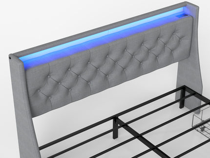 Platform Bed Frame With RGB LED Lights, Charging Station, Storage Headboard & 4 Underbed Drawers