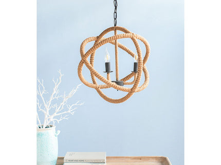 3 Light Farmhouse Chandelier, Rope Chandelier Globe Hanging Light Fixture With With Adjustable Chain For Kitchen, Bulb Not Included - Beige Brown