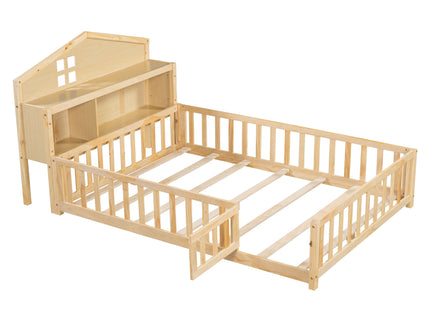 Full Size Montessori Floor Bed With Bookcases And boards, Solid Wood Platform Bed With Guard Rails And Storage Headboards - Natural