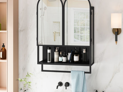 Double Arched Mirror Wall Cabinet With 2 Doors, Featuring Adjustable Shelves And Towel Rack