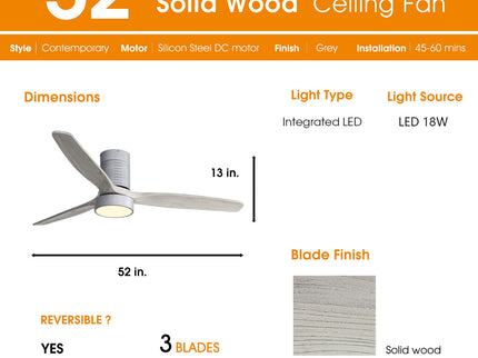52" 18W LED Ceiling Fan With Dimmable 6 Speed Remote 3 Blade Reversible DC Motor For Living Room - Silver