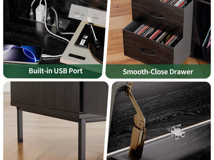 Eco-Friendly Vinyl Record Player Stand With Flip-Top Storage, Media Console With Dual Outlets And Dustproof Drawers