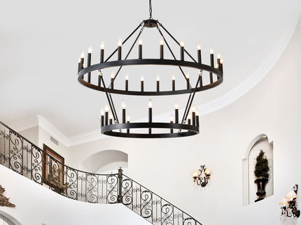 2 Tiers Wagon Wheel Chandelier Wooden Farmhouse 36 Light (24 / 12) Or (12 / 24) Metal Chandeliers 2 Story Light Fixtures Industrial For High Ceiling Living Dining Room Foyer, Adjustable Height - Black