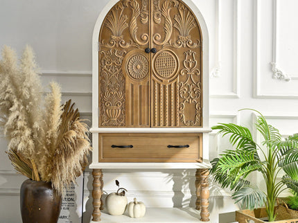 Arched Flower Carved Door Accent Sideboard Cabinet With 1 Drawer And Shelf, Cabinet For Kitchen - Natural / White