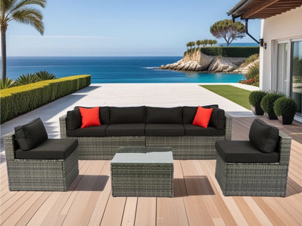 5 Pieces Rattan Sectional Outdoor Furniture Cushioned U Sof Set With 2 Pillow - Gray / Black
