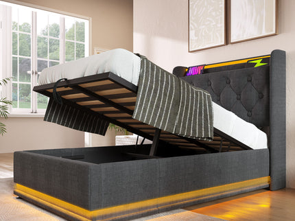 Upholstered Bed, 360 Surround LED Function, Remote Control, Hydraulic Storage Bed With USB, Type-C Charging (Without Mattress)