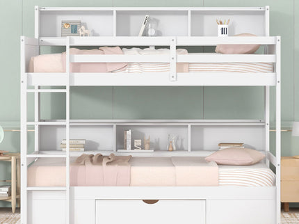 Twin Size Bunk Bed With Built-In Shelves Beside Both Upper And Down Bed And Storage Drawer
