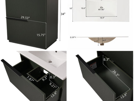 Fluted Bathroom Vanity With Ceramic Sink, Soft Close Slides