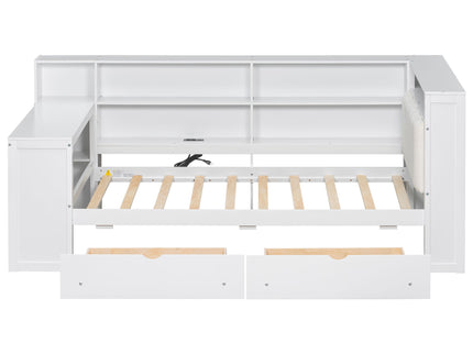 Platform Bed With Upholstered Headboard, Storage Shelves, Drawers, Charging Station, LED Lighting, Built In Desk