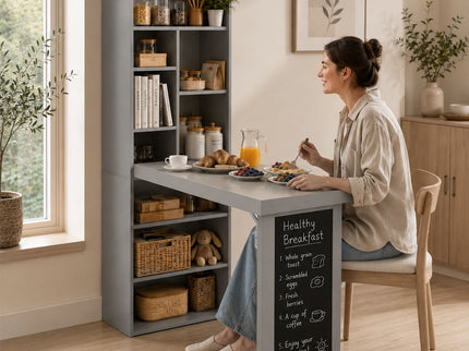 Folding Desk With Storage, Foldable Convertible Writing Table With Blackboard And Shelves For Home Office