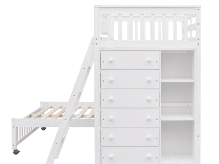 Bunk Bed With 6 Drawers And Flexible Shelves, Bottom Bed With Wheels
