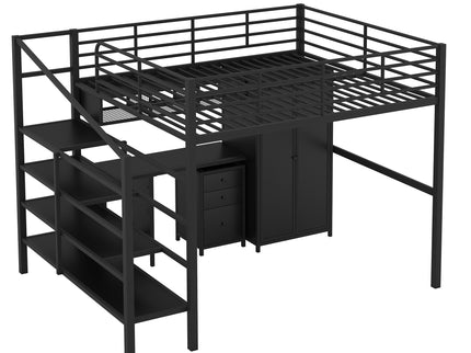 Full Size Loft Bed With Desk Set And Wardrobe - Black