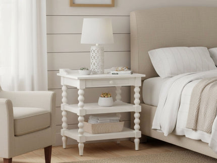 Aria - Nightstand With Styling, 2 Shelves, Pull Out Tray, Spool Turned Legs - Antique White