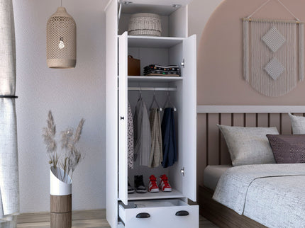 Dresser Closet With Upper Storage Covered With 1 Door, 2 Central Shelves, 1 Tube For Hanging Clothes Covered By 2 Doors, 1 Drawer At The Bottom - White