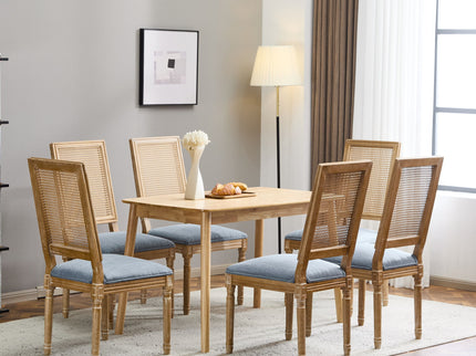 French Country Dining Chair With Rectangular Cane Backrest And Smooth Upholstered Seating