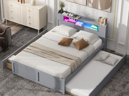Storage Platform Bed With LED Lights, 2 Drawers And Trundle
