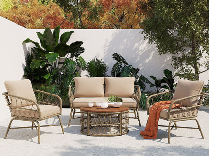 Bohemia-Inspired 4 Person Outdoor Seating Group With Removable Cushions, Conversation Patio Set With Wood Tabletop - Beige