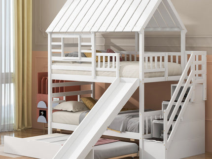 House Bunk Bed With Trundle, Storage Staircase, Roof And Window Design